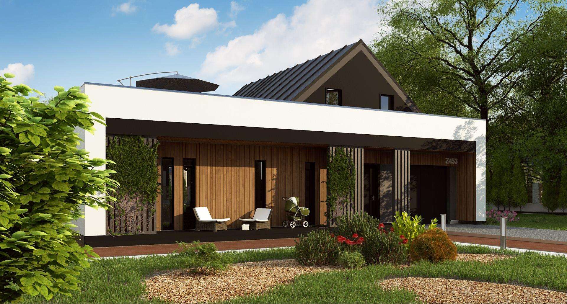 Fatada Casă cu mansardă 150 mp utili, un dormitor, 4 băi