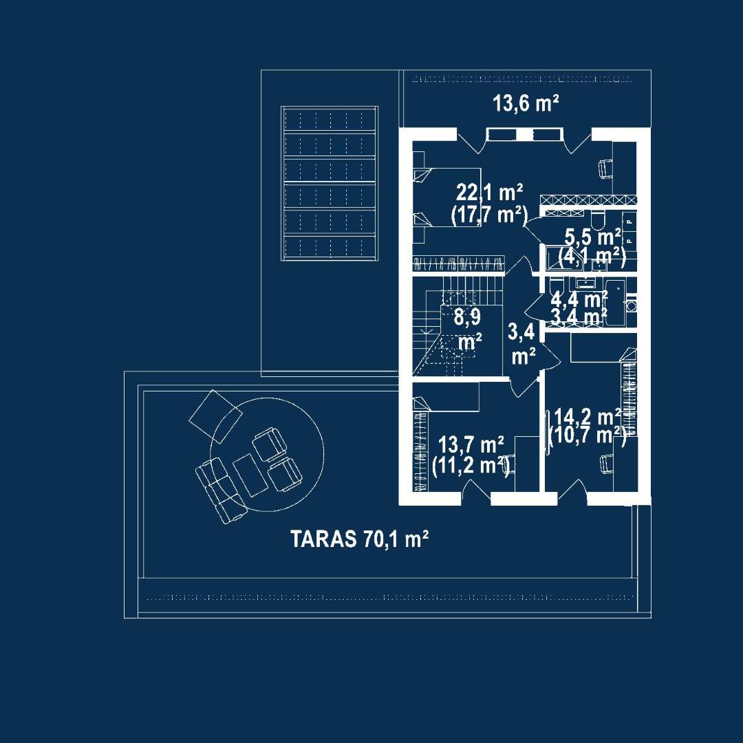 Plan mansardă Casă cu mansardă 150 mp utili, un dormitor, 4 băi