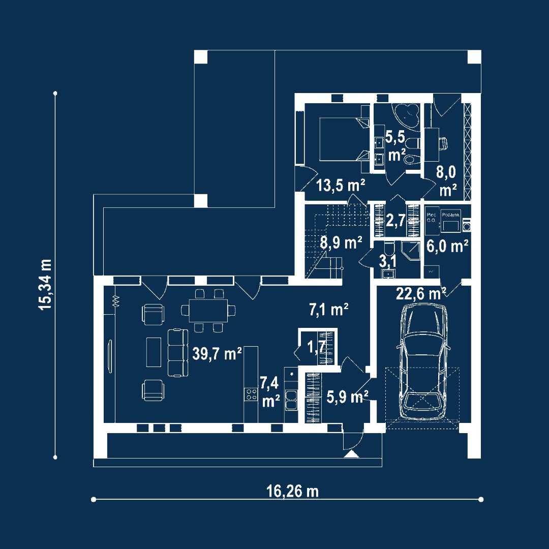 Plan parter Casă cu mansardă 150 mp utili, un dormitor, 4 băi