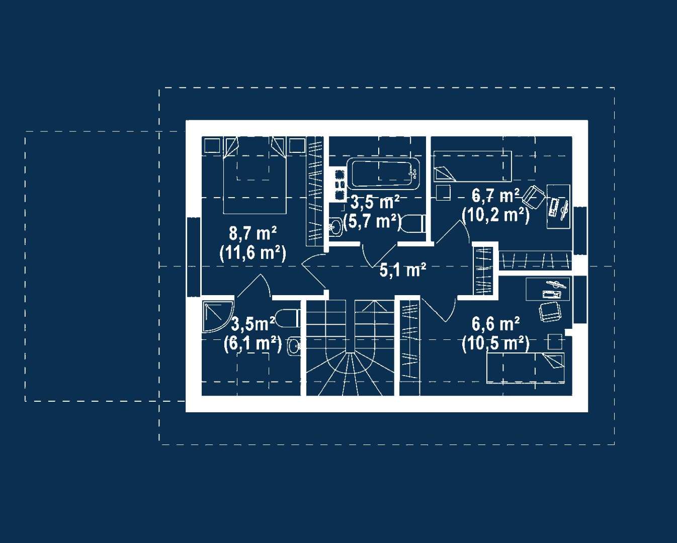 Plan mansardă Casă cu mansardă 88 mp utili, un dormitor, 2 băi