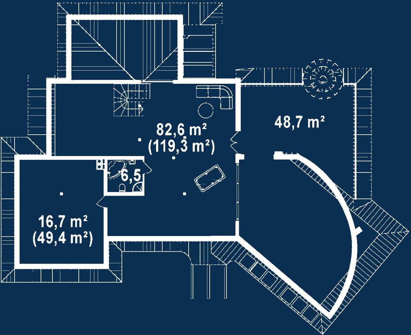 Plan mansardă Casă cu mansardă 348 mp utili, 3 dormitoare, 3 băi