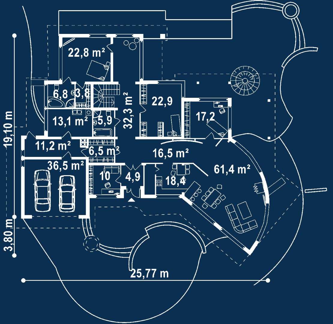 Plan parter Casă cu mansardă 348 mp utili, 3 dormitoare, 3 băi