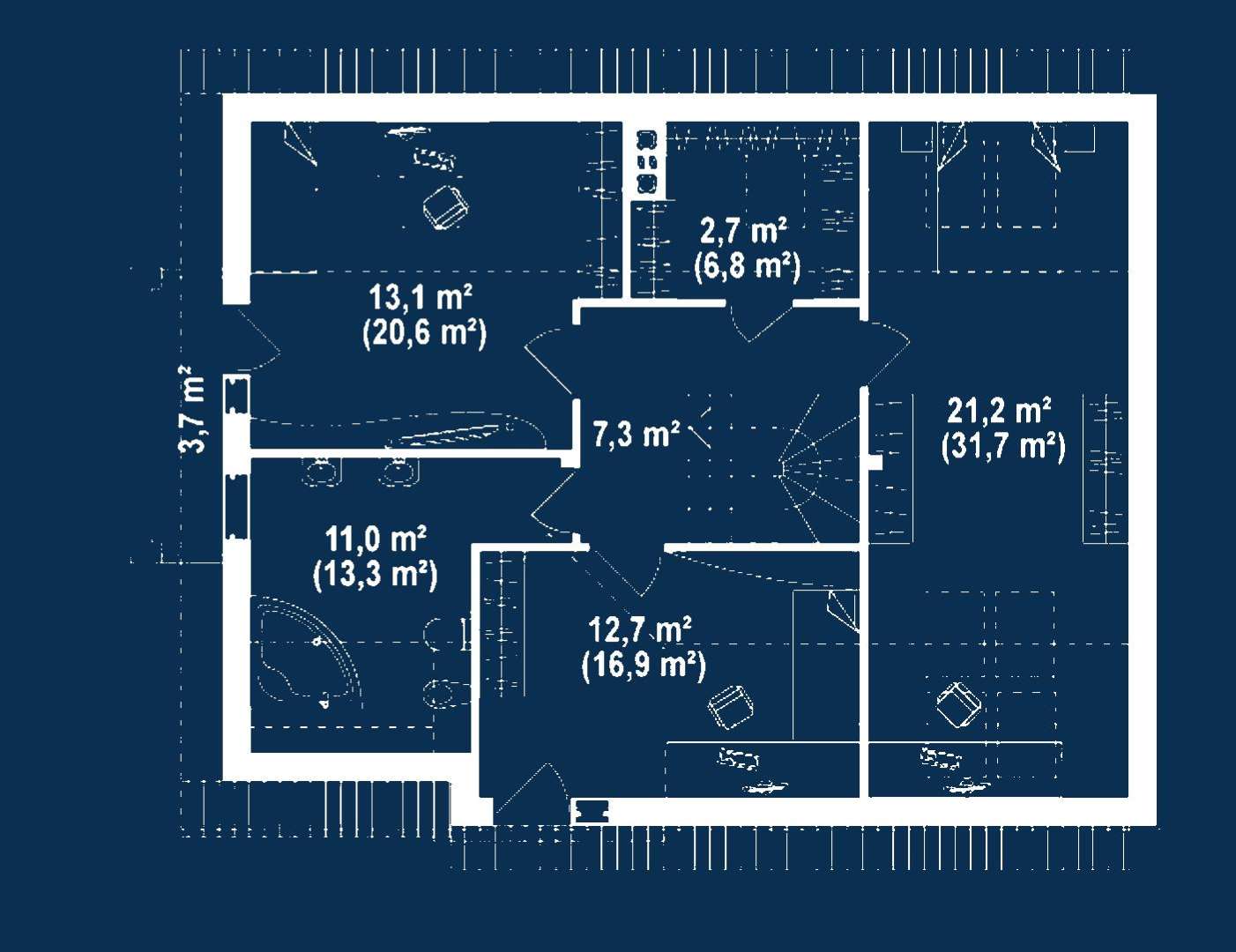 Plan mansardă Casă cu mansardă 136 mp utili, un dormitor, o baie