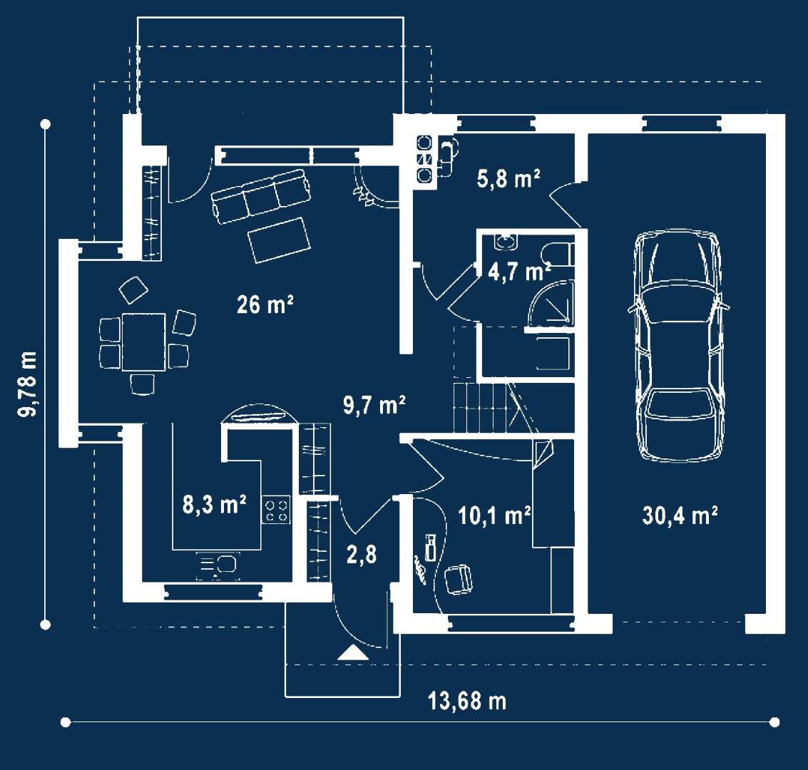 Plan parter Casă cu mansardă 136 mp utili, un dormitor, o baie