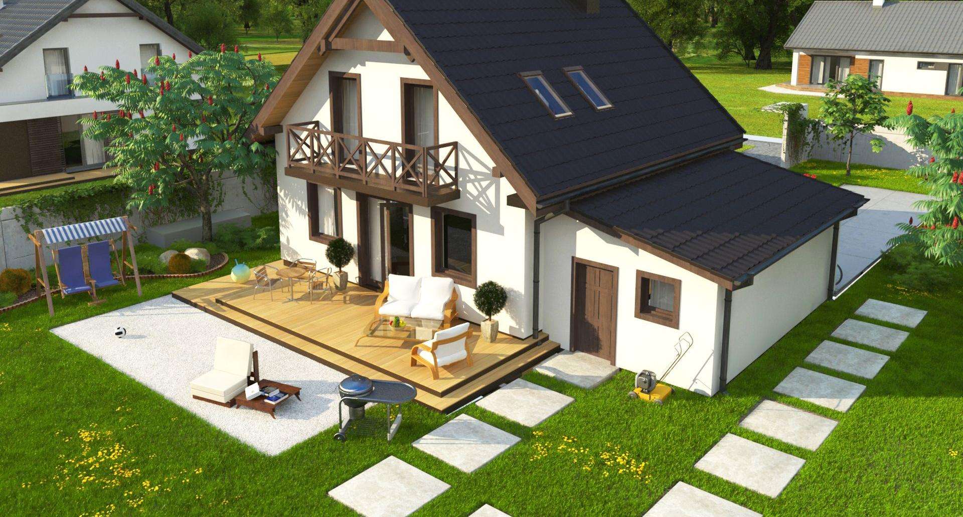 Fatada Casă cu mansardă 95 mp utili, un dormitor, o baie