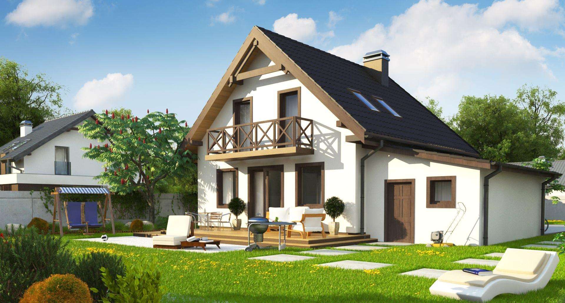 Fatada Casă cu mansardă 95 mp utili, un dormitor, o baie