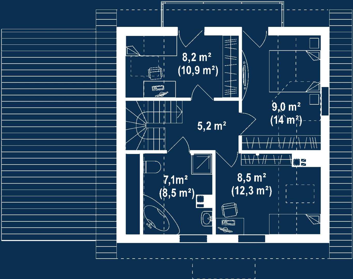 Plan mansardă Casă cu mansardă 95 mp utili, un dormitor, o baie