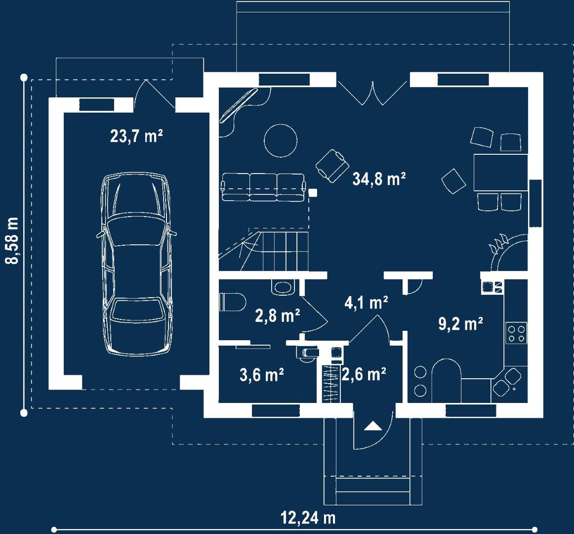 Plan parter Casă cu mansardă 95 mp utili, un dormitor, o baie