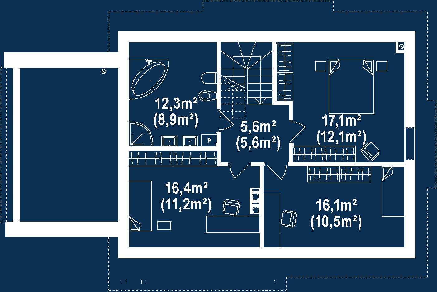 Plan mansardă Casă cu mansardă 119 mp utili, un dormitor, o baie