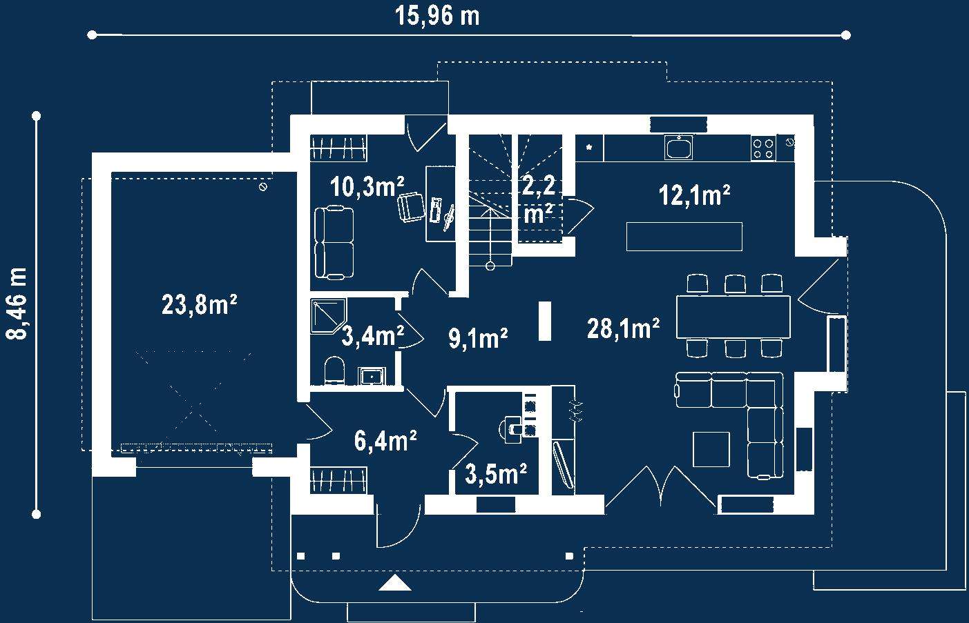 Plan parter Casă cu mansardă 119 mp utili, un dormitor, o baie