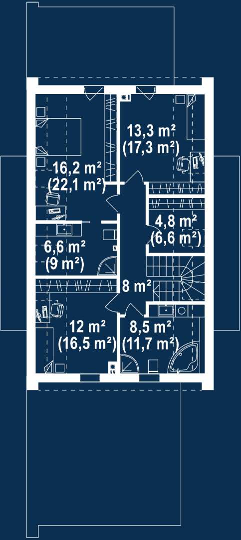 Plan mansardă Casă cu mansardă 149 mp utili, un dormitor, 3 băi