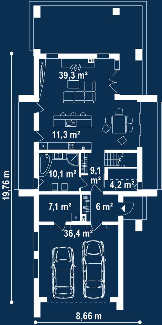 Plan parter Casă cu mansardă 149 mp utili, un dormitor, 3 băi