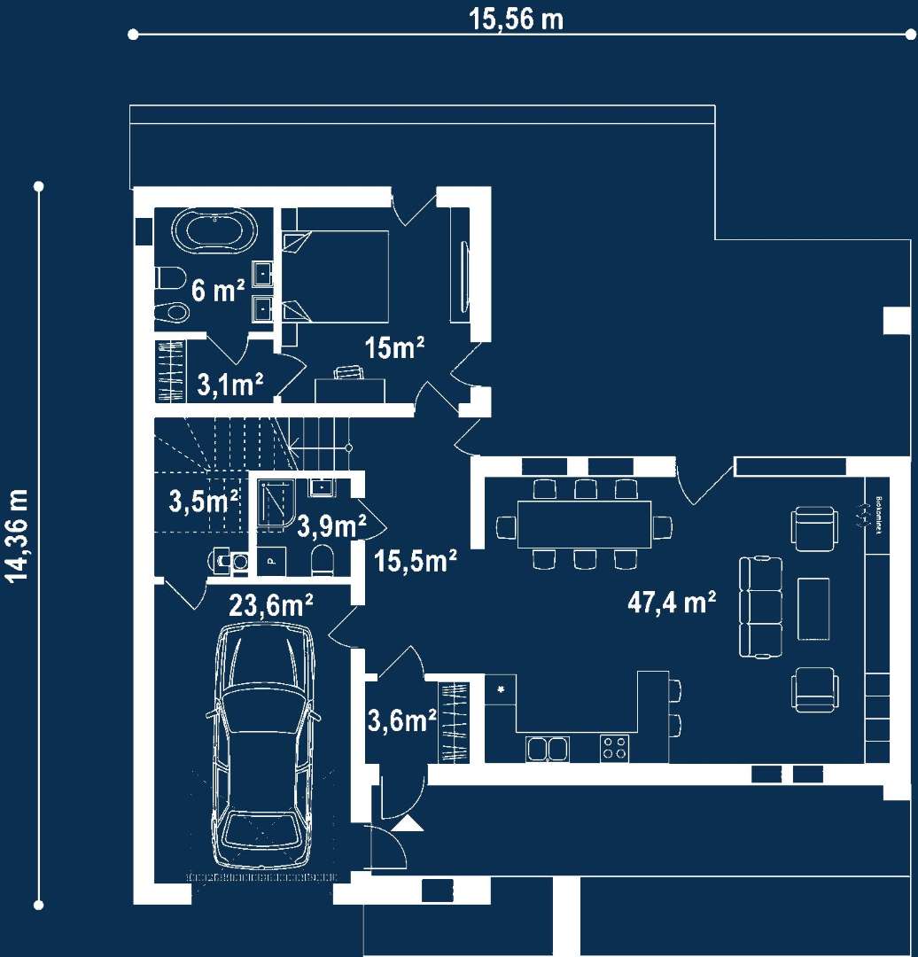 Plan parter Casă cu mansardă 133 mp utili, un dormitor, 3 băi