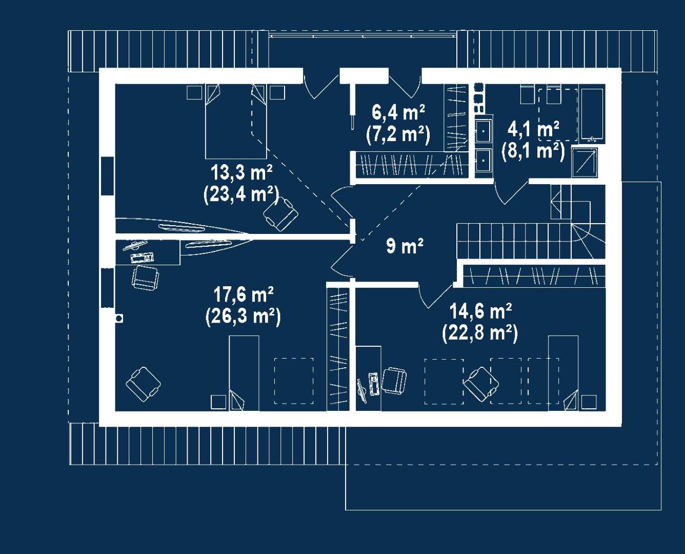 Plan mansardă Casă cu mansardă 160 mp utili, un dormitor, 2 băi