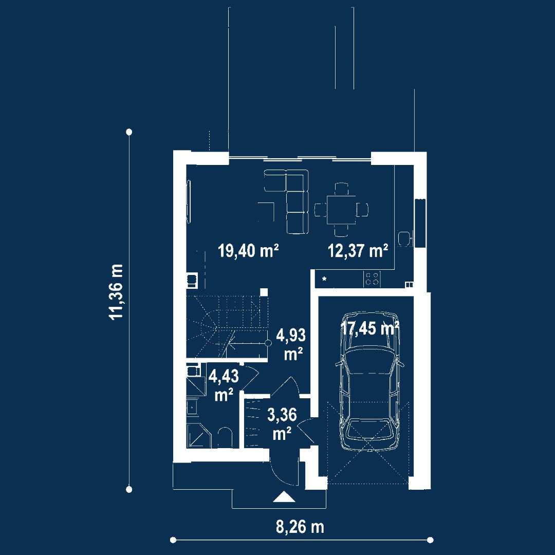 Plan parter Casă cu mansardă 98 mp utili, un dormitor, 2 băi