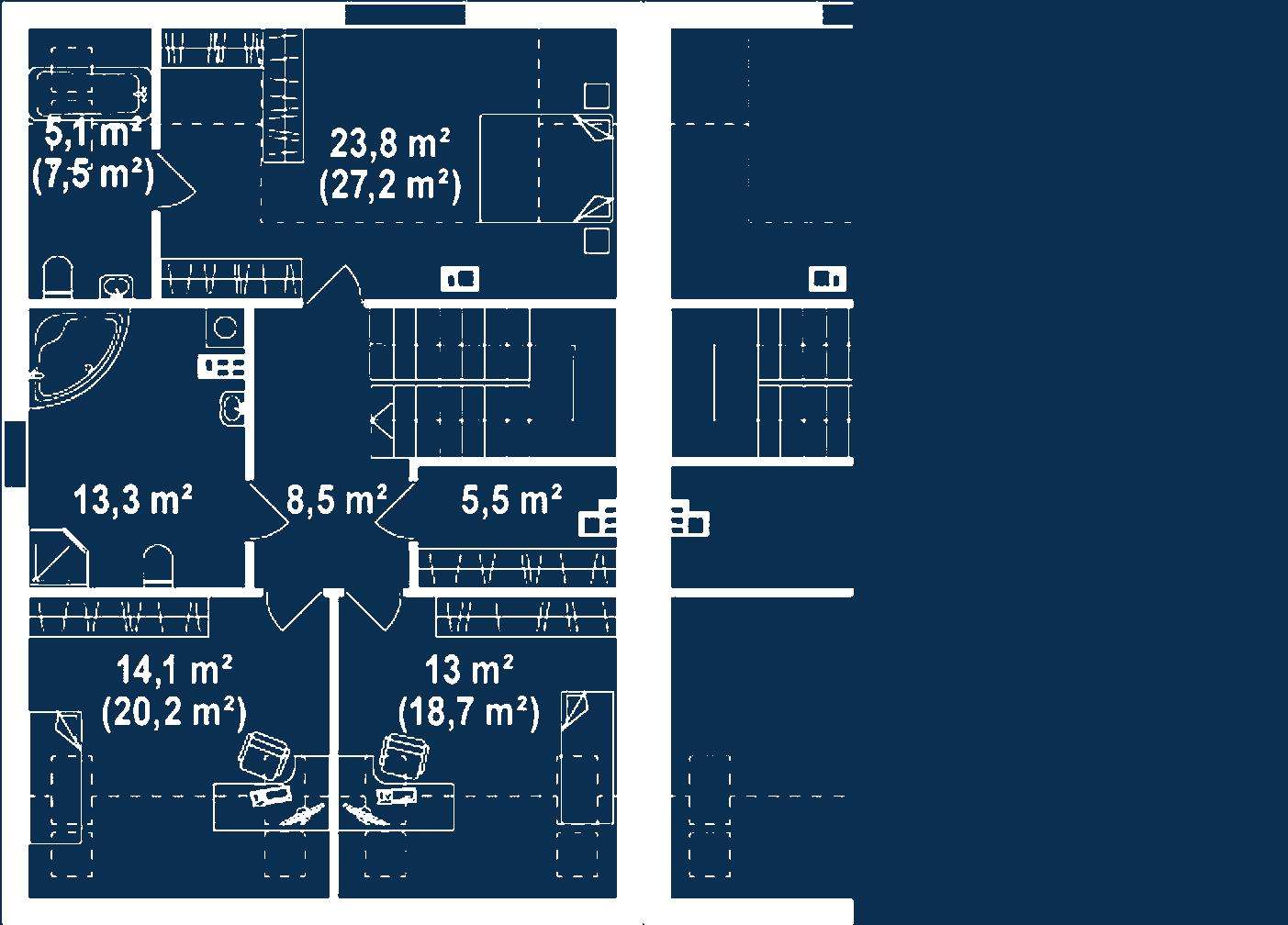 Plan mansardă Casă cu mansardă 150 mp utili, un dormitor, 3 băi