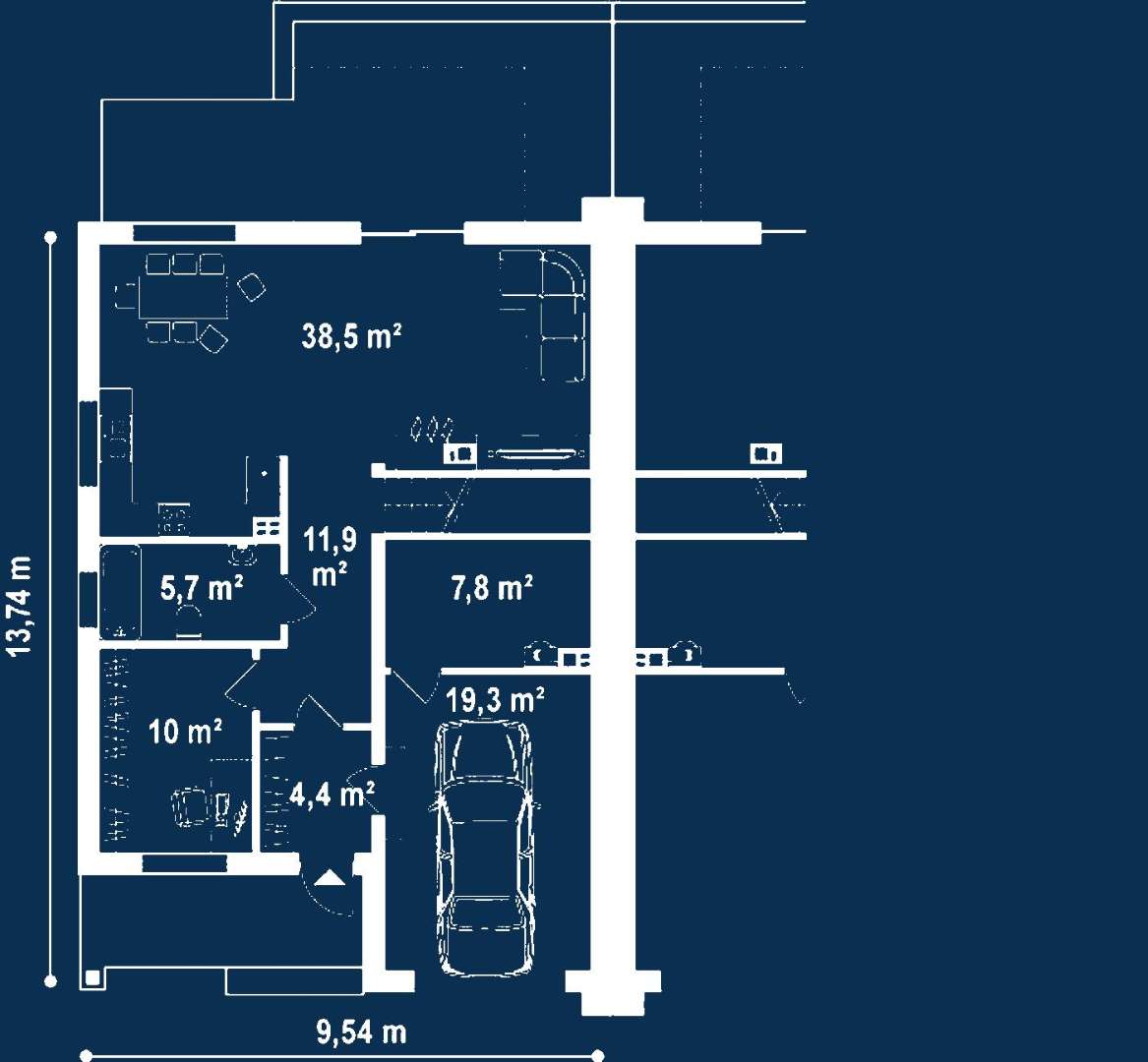 Plan parter Casă cu mansardă 150 mp utili, un dormitor, 3 băi