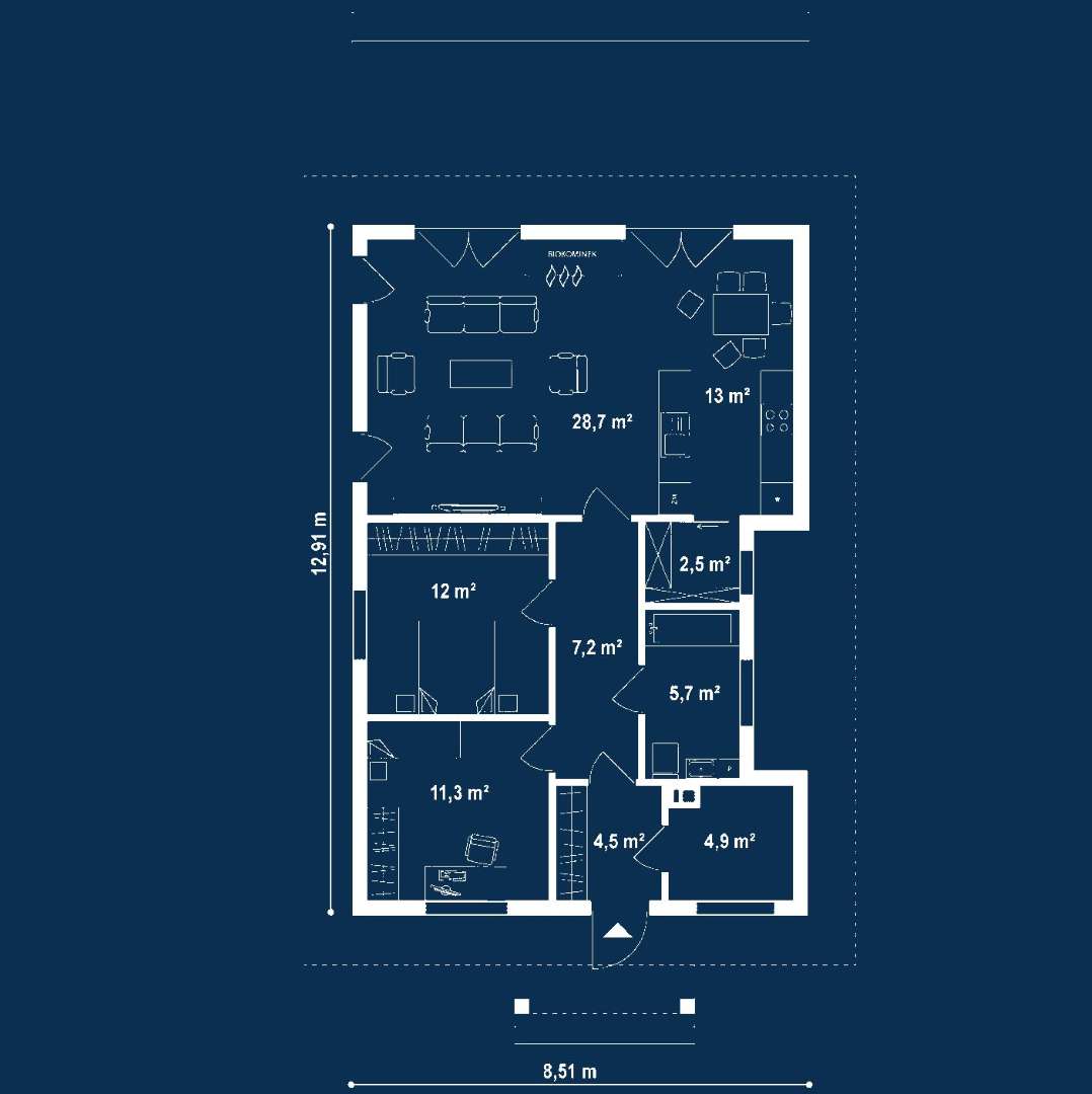 Plan parter Casă parter 84 mp utili, 2 dormitoare, o baie