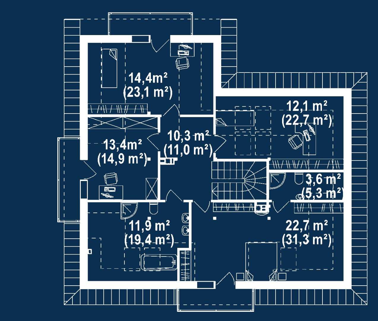 Plan mansardă Casă cu mansardă 199 mp utili, un dormitor, 4 băi