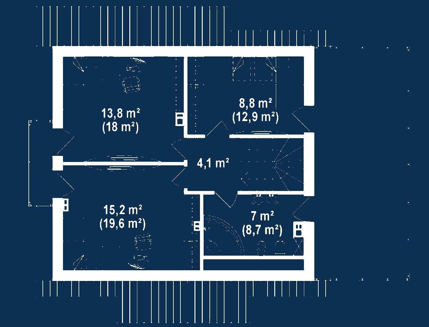 Plan mansardă Casă cu mansardă 119 mp utili, un dormitor, 2 băi