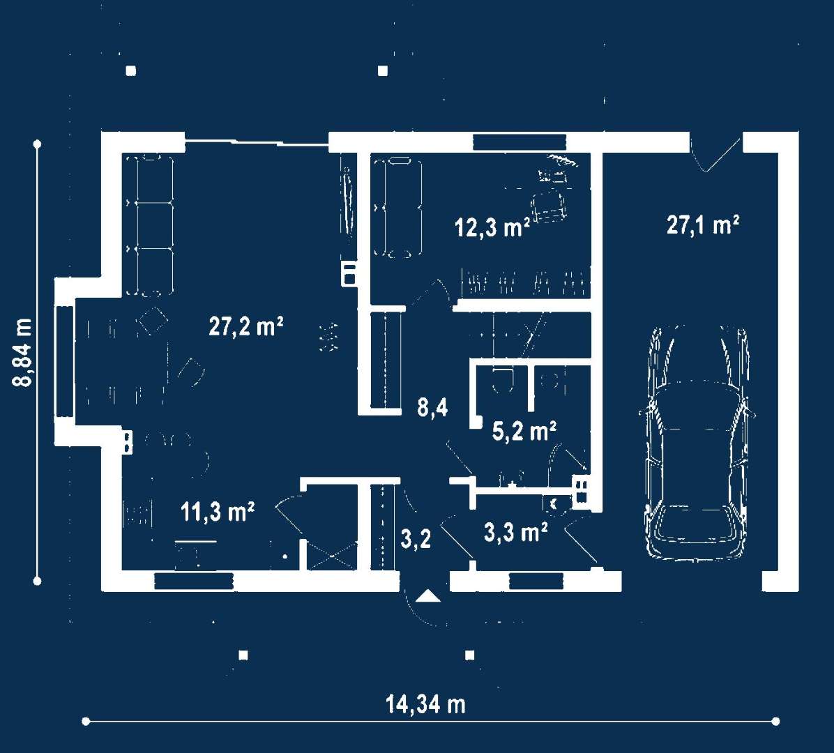 Plan parter Casă cu mansardă 119 mp utili, un dormitor, 2 băi