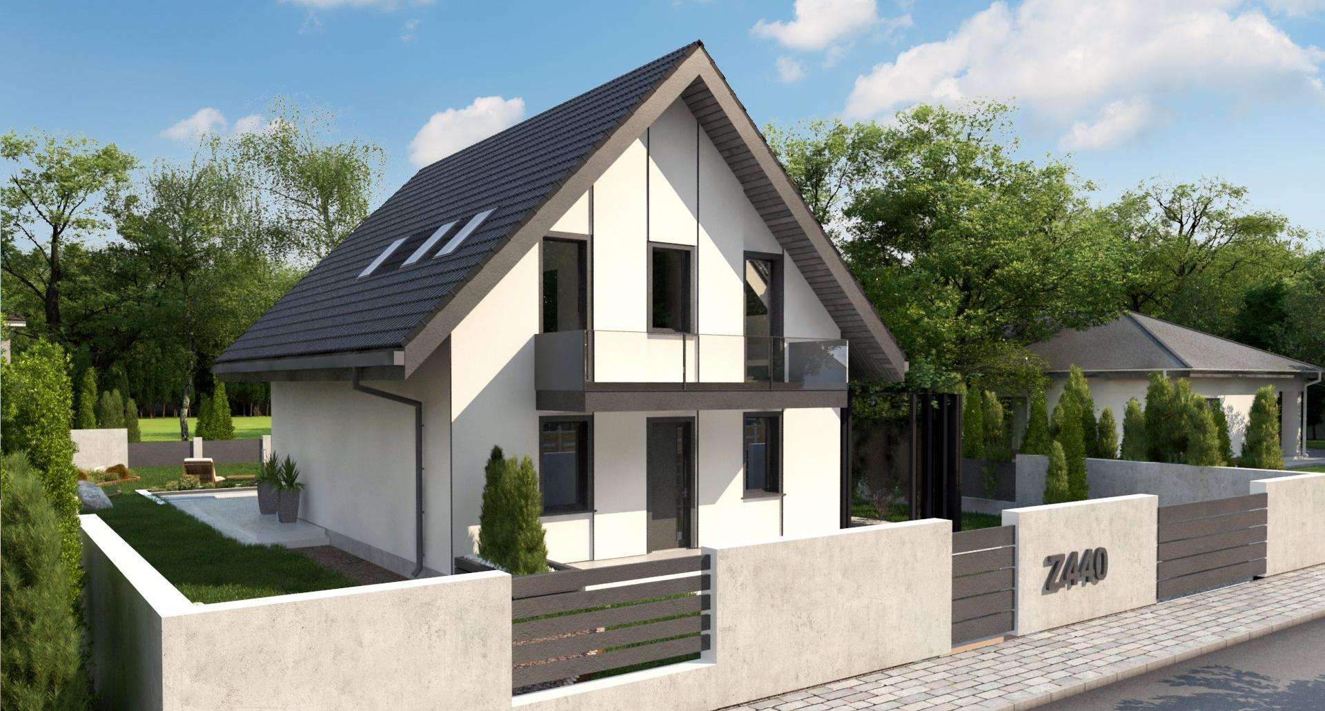 Fatada Casă cu mansardă 92 mp utili, un dormitor, 2 băi