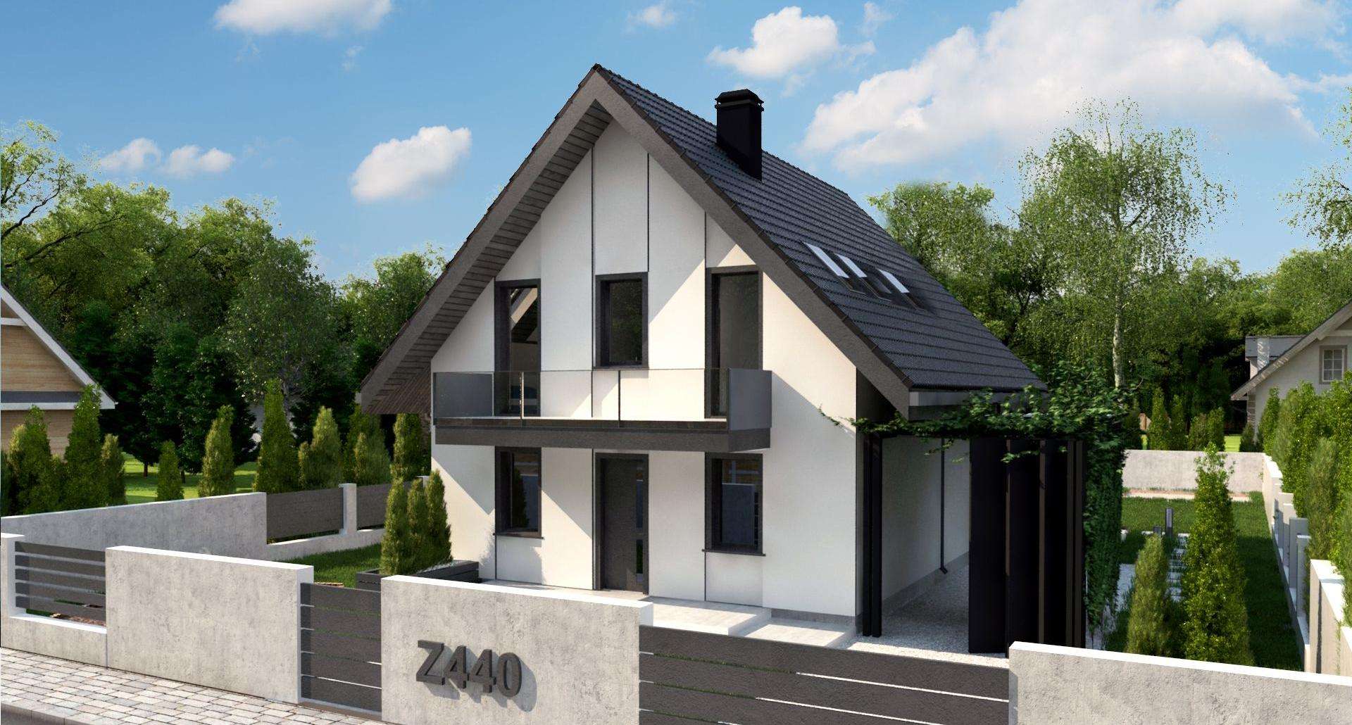 Fatada Casă cu mansardă 92 mp utili, un dormitor, 2 băi