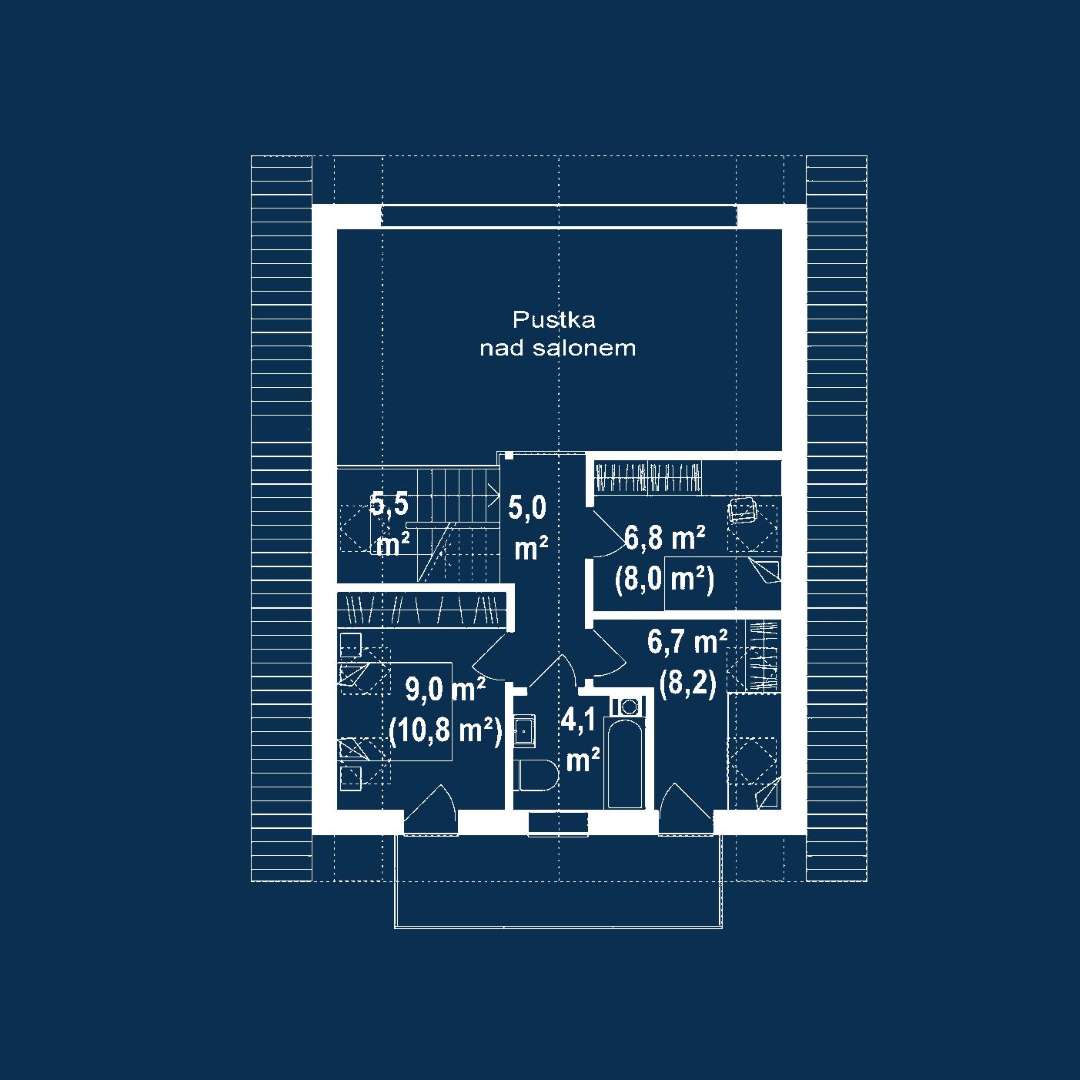 Plan mansardă Casă cu mansardă 92 mp utili, un dormitor, 2 băi
