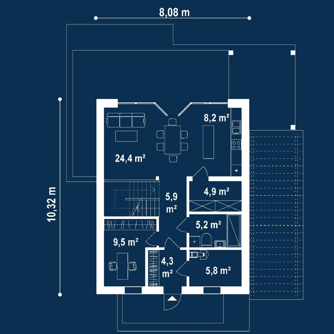 Plan parter Casă cu mansardă 92 mp utili, un dormitor, 2 băi