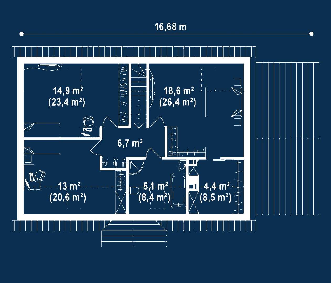 Plan mansardă Casă cu mansardă 161 mp utili, 3 dormitoare, 2 băi