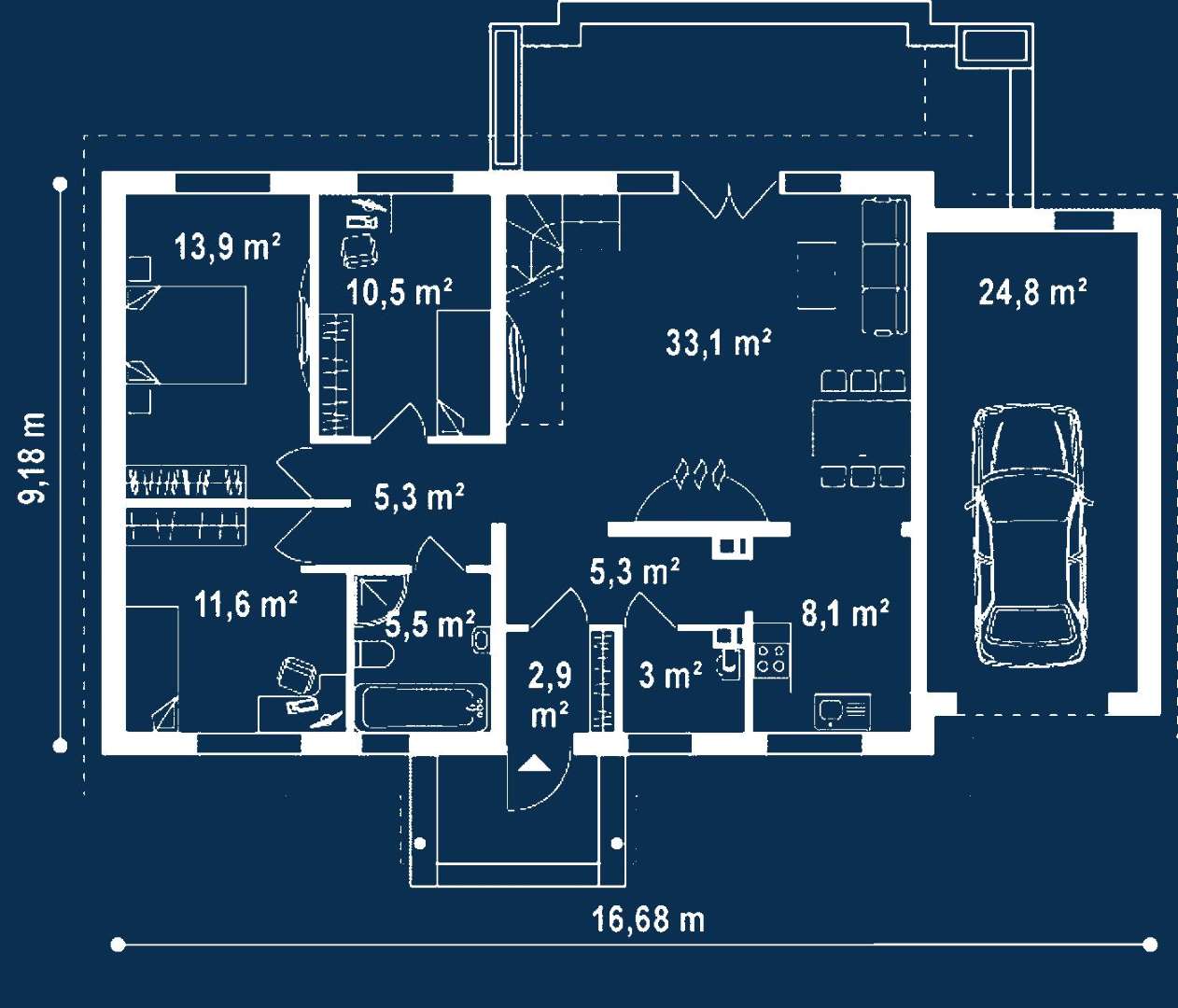 Plan parter Casă cu mansardă 161 mp utili, 3 dormitoare, 2 băi