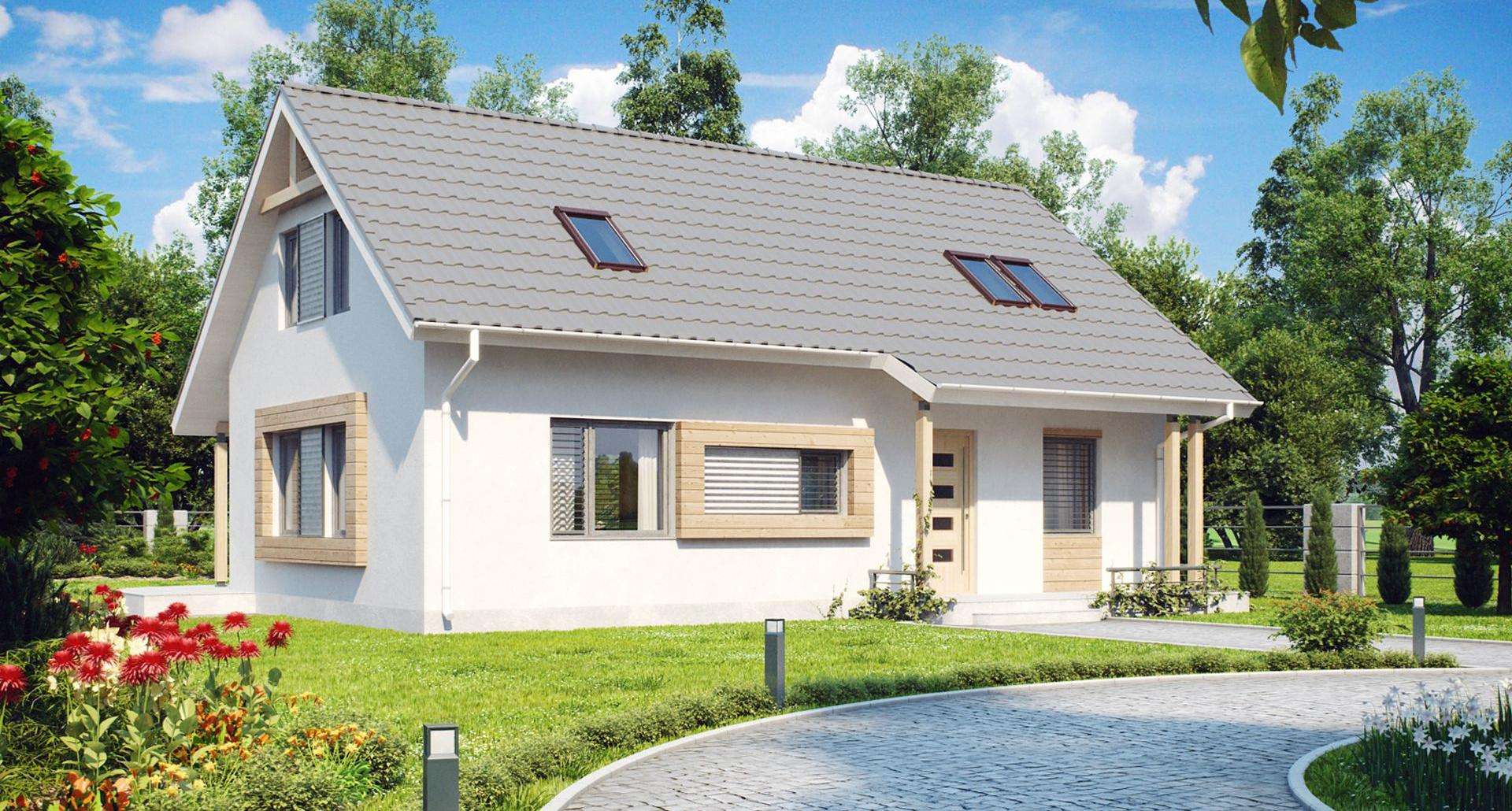 Fatada Casă cu mansardă 128 mp utili, un dormitor, 2 băi