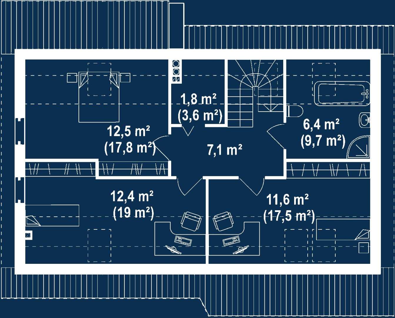 Plan mansardă Casă cu mansardă 128 mp utili, un dormitor, 2 băi