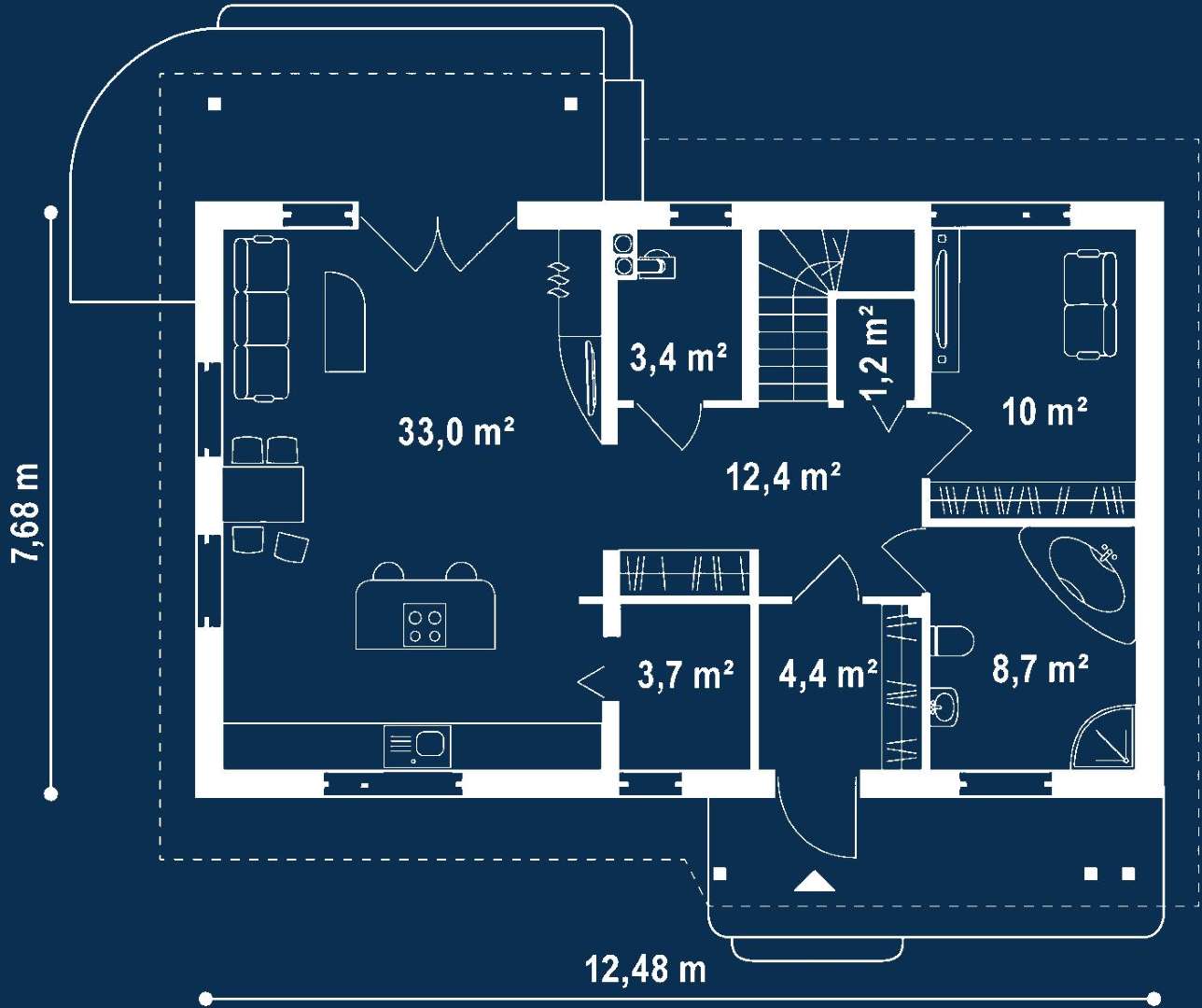 Plan parter Casă cu mansardă 128 mp utili, un dormitor, 2 băi