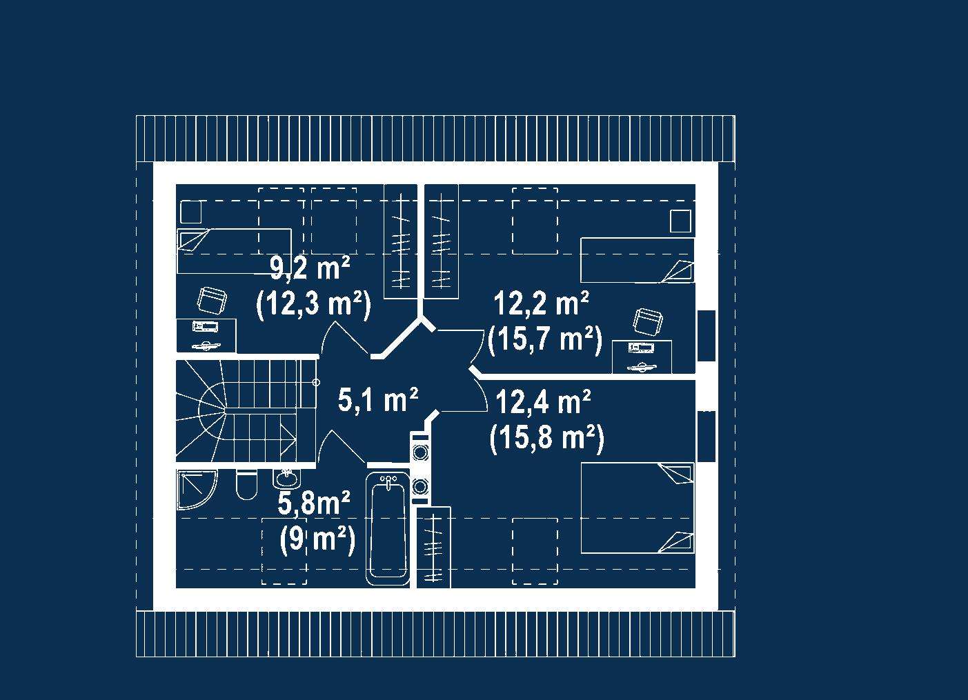 Plan mansardă Casă cu mansardă 104 mp utili, un dormitor, 2 băi