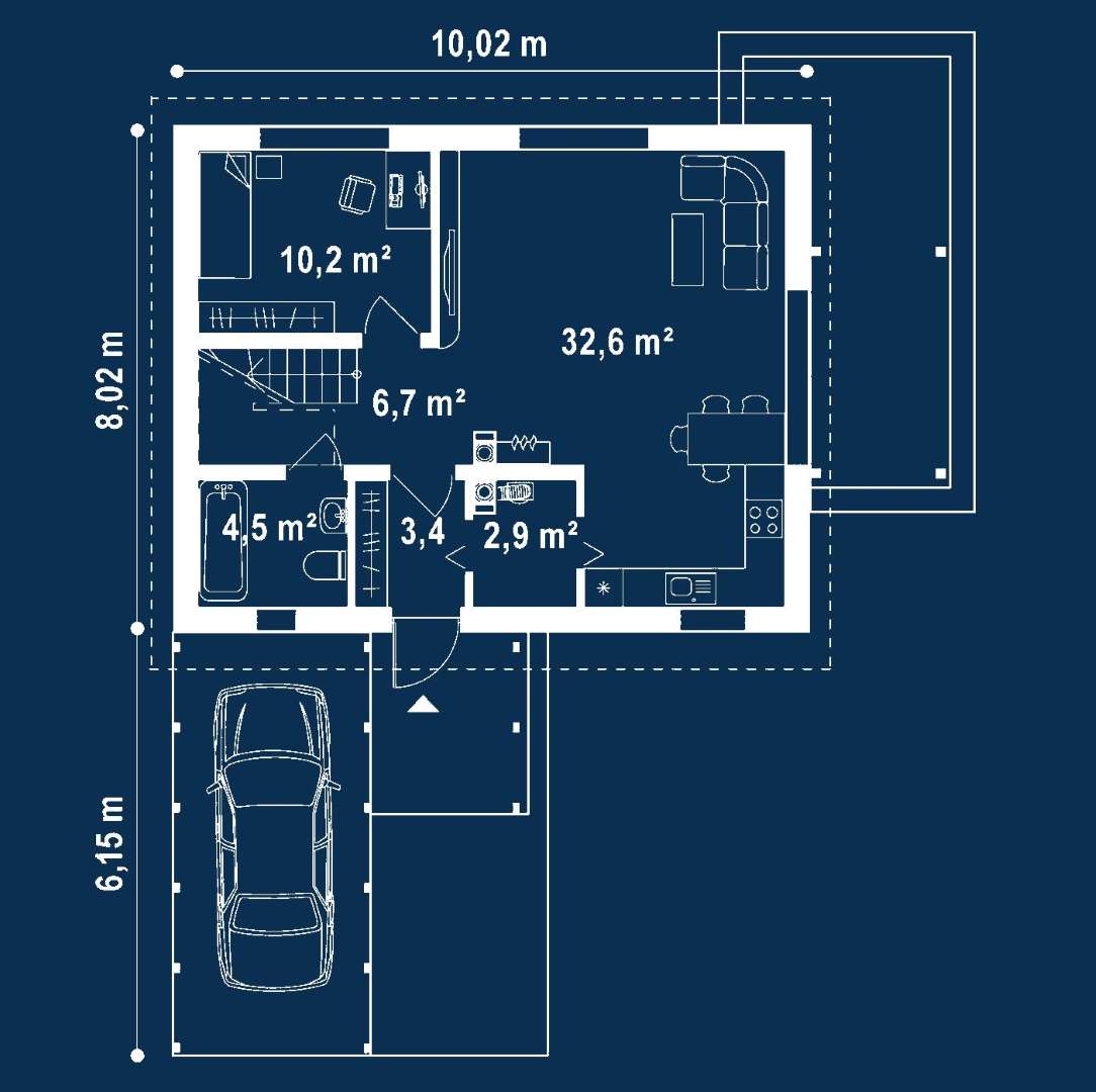 Plan parter Casă cu mansardă 104 mp utili, un dormitor, 2 băi
