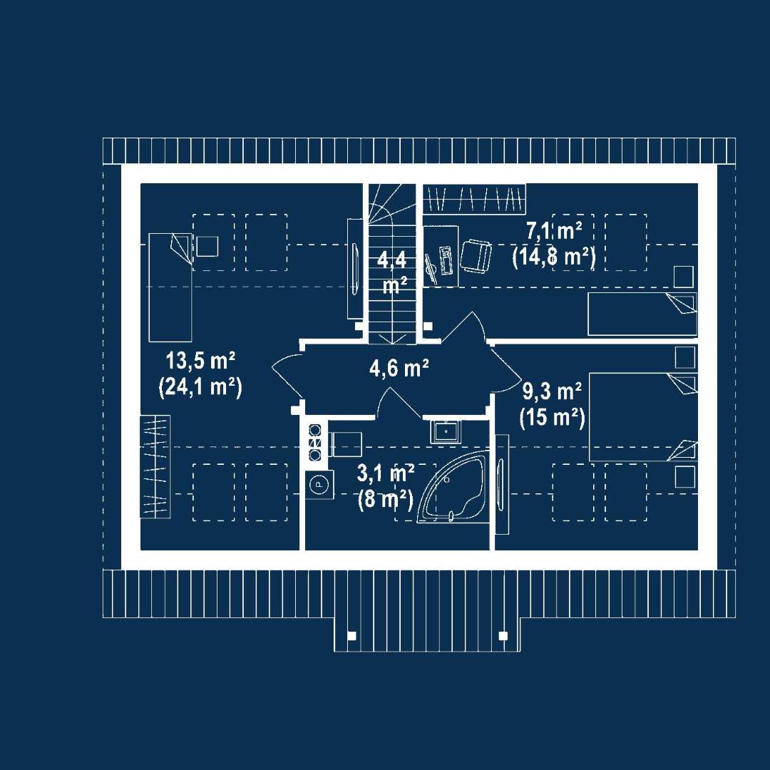Plan mansardă Casă cu mansardă 101 mp utili, 2 dormitoare, 2 băi