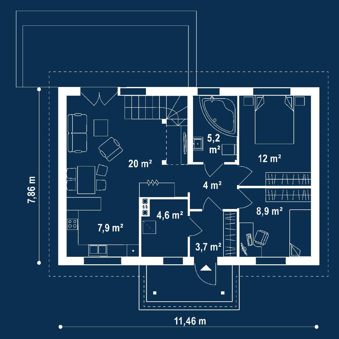 Plan parter Casă cu mansardă 101 mp utili, 2 dormitoare, 2 băi