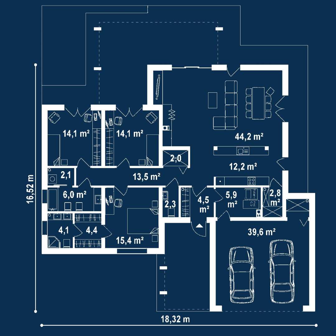 Plan parter Casă parter 140 mp utili, 3 dormitoare, 2 băi
