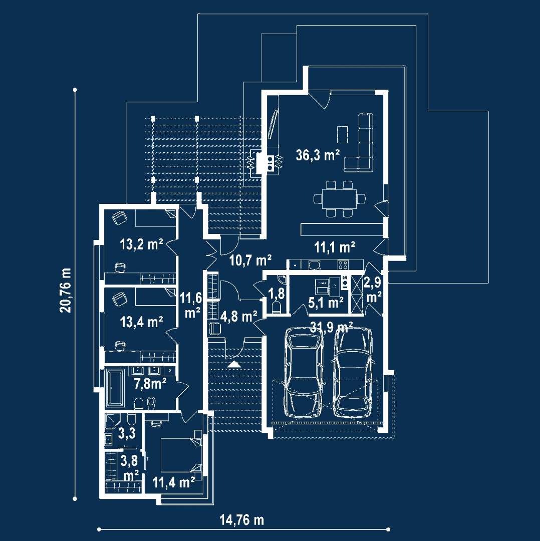 Plan parter Casă parter 132 mp utili, 3 dormitoare, 2 băi