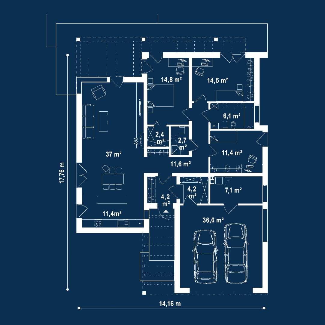 Plan parter Casă parter 120 mp utili, 3 dormitoare, 2 băi