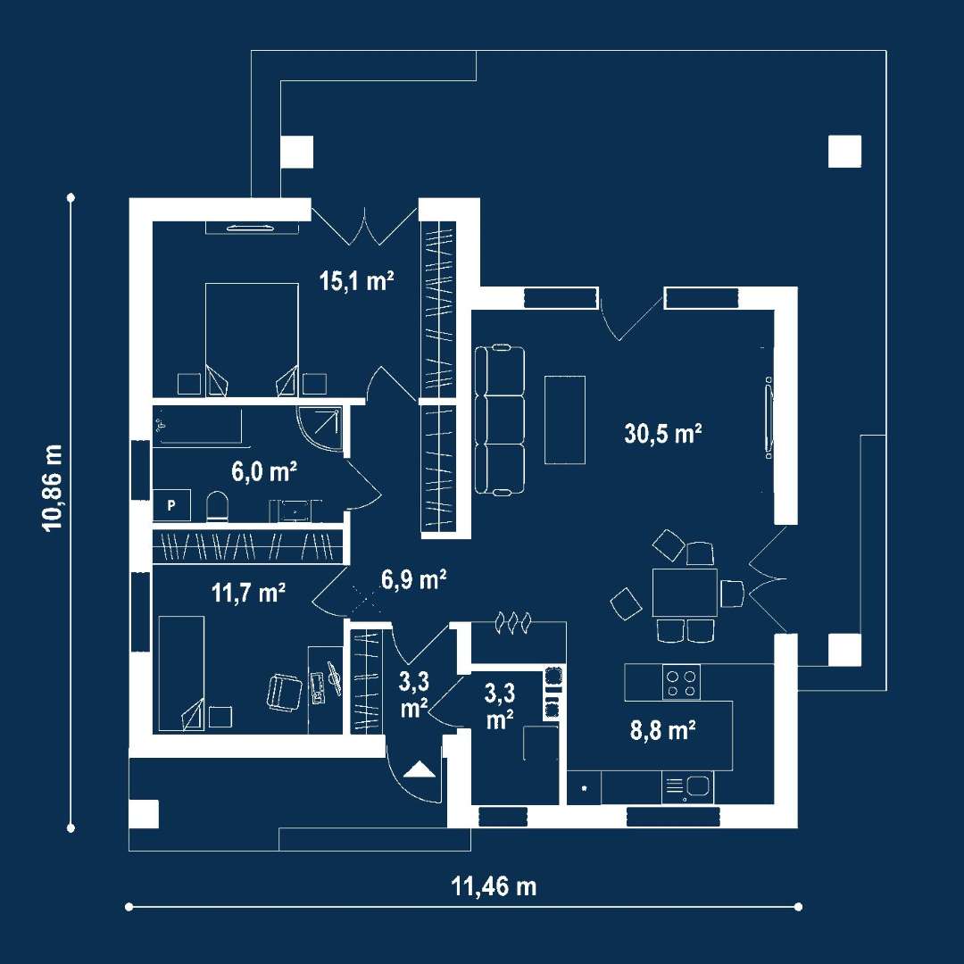 Plan parter Casă parter 82 mp utili, 2 dormitoare, o baie