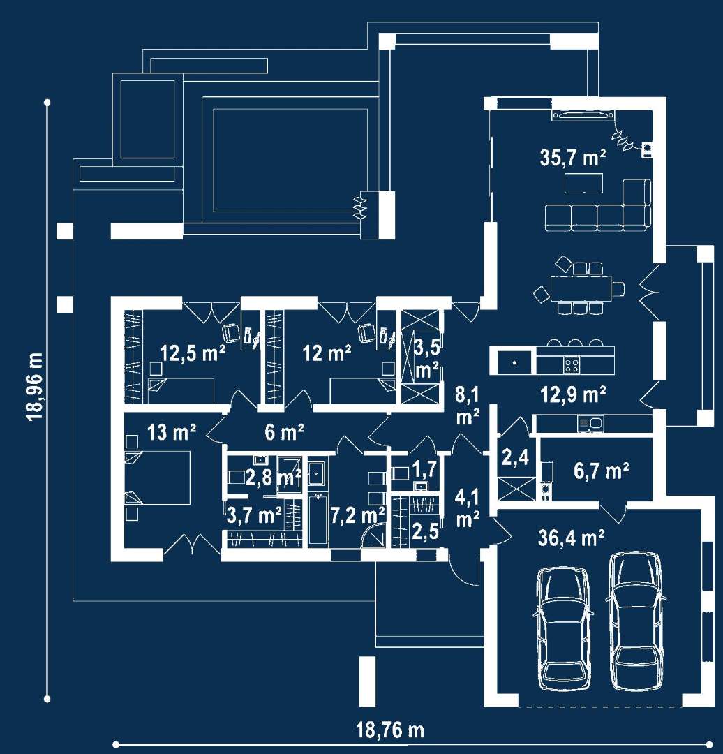 Plan parter Casă parter 127 mp utili, 3 dormitoare, 2 băi