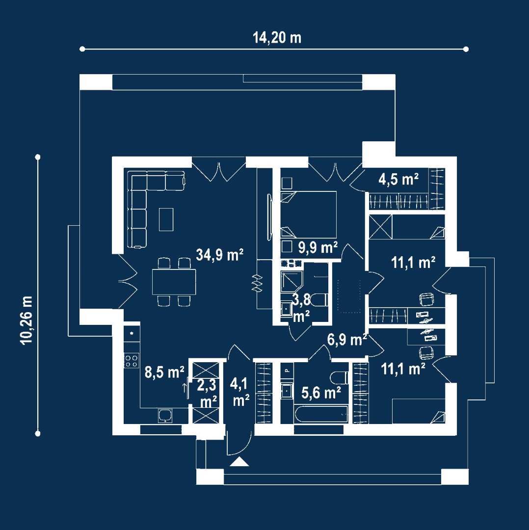 Plan parter Casă parter 102 mp utili, 3 dormitoare, 2 băi
