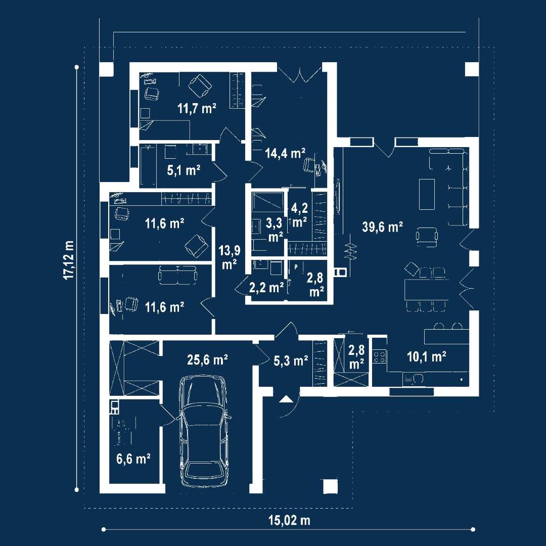 Plan parter Casă parter 138 mp utili, 4 dormitoare, 2 băi