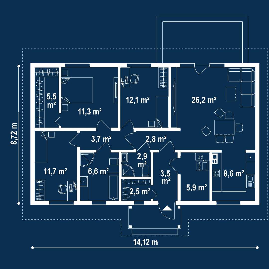 Plan parter Casă parter 97 mp utili, 3 dormitoare, o baie
