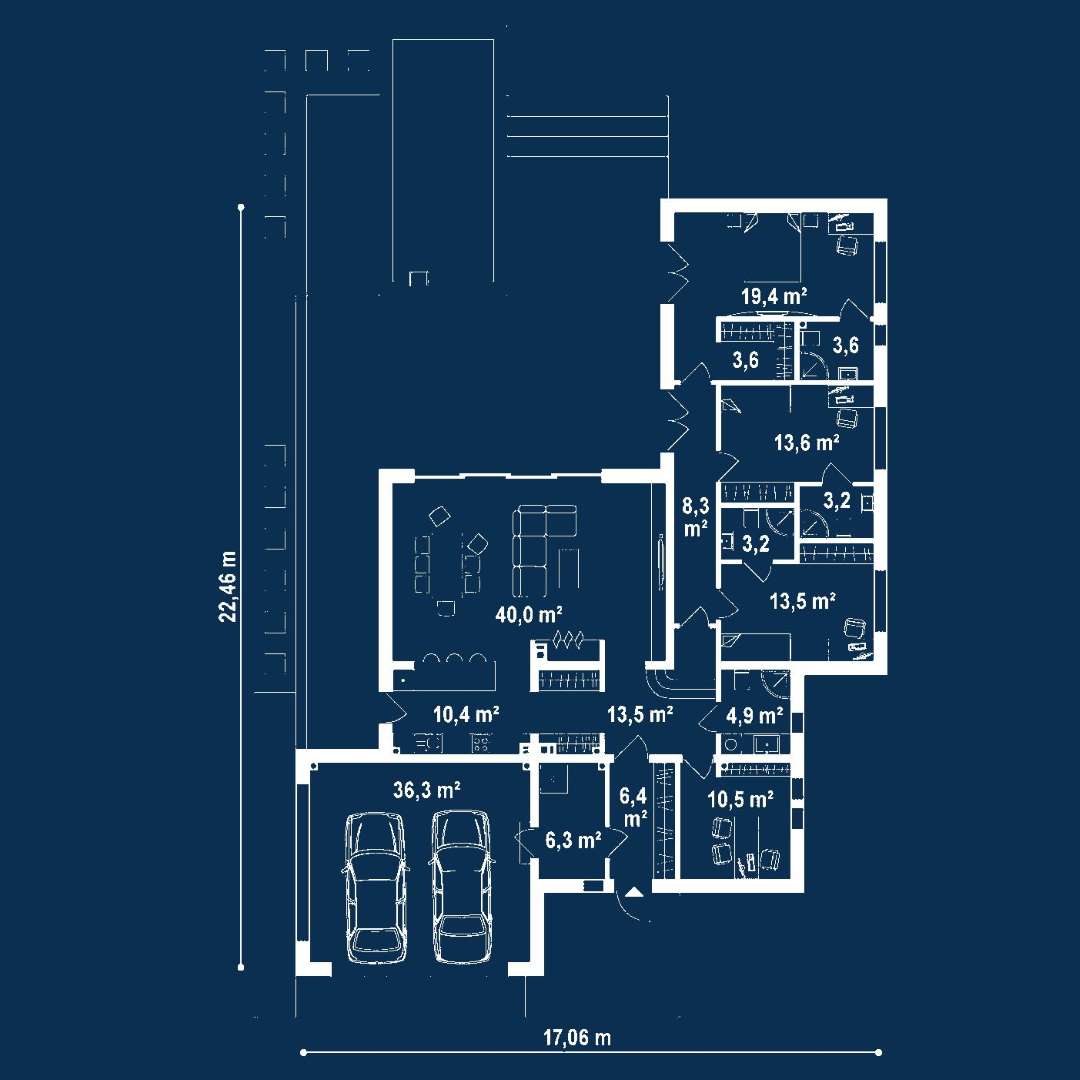 Plan parter Casă parter 154 mp utili, 4 dormitoare, 4 băi