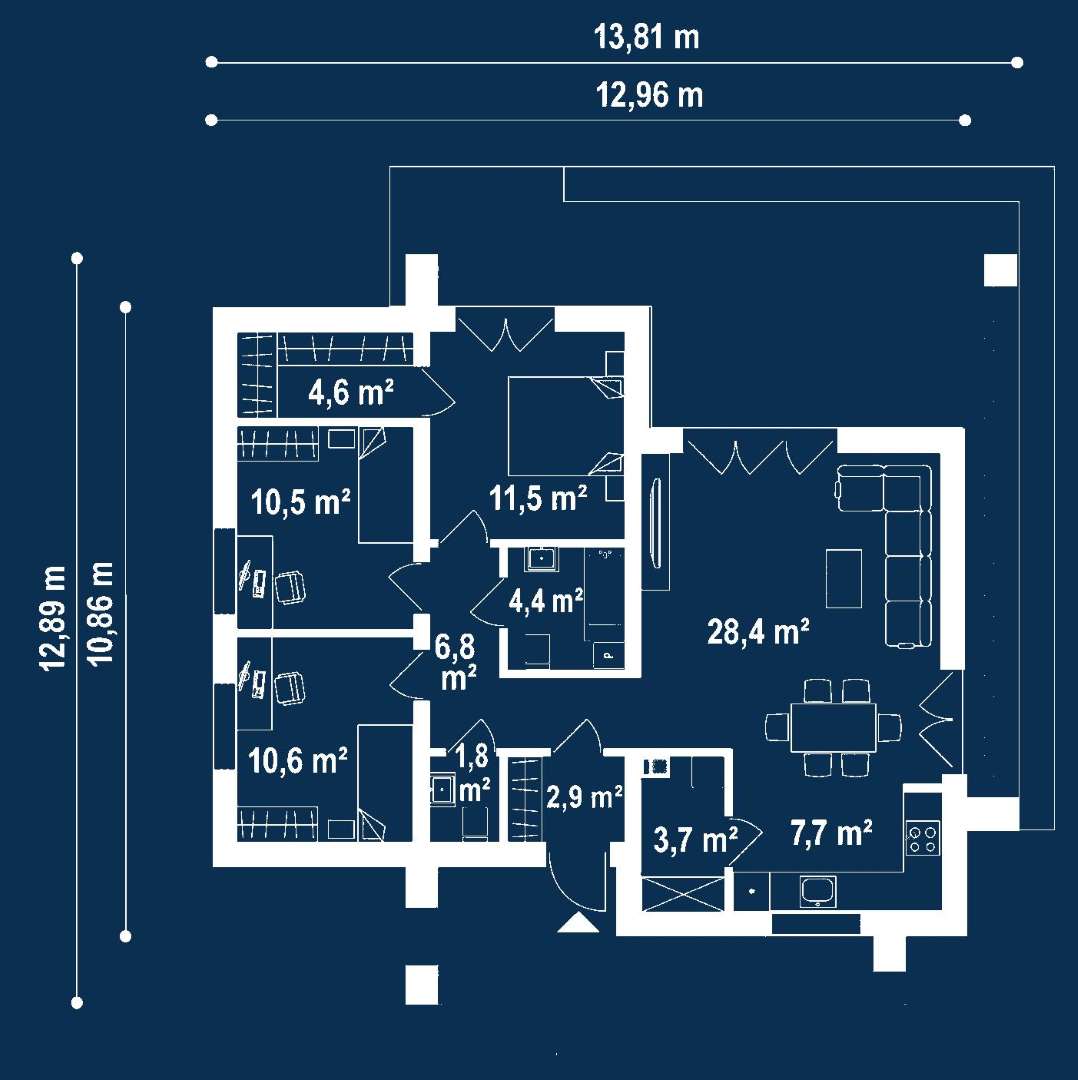 Plan parter Casă parter 92 mp utili, 3 dormitoare, o baie