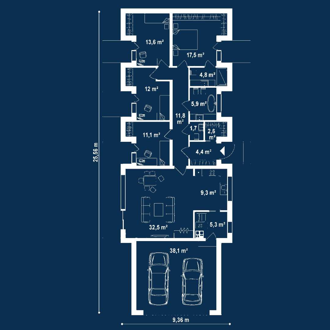 Plan parter Casă parter 127 mp utili, 4 dormitoare, 2 băi