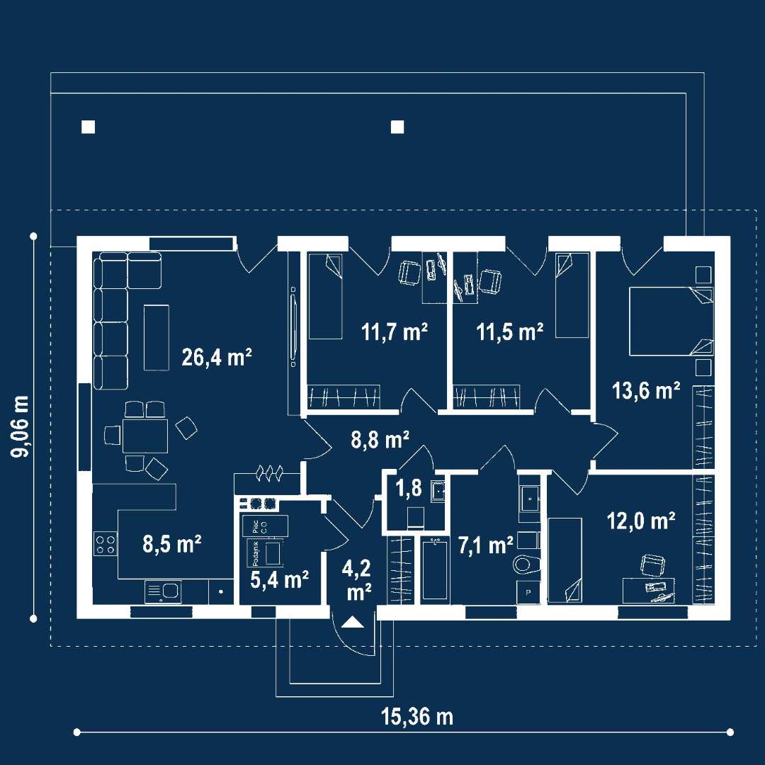 Plan parter Casă parter 105 mp utili, 4 dormitoare, o baie